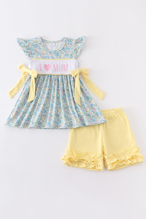 Yellow floral print love mom embroidery set