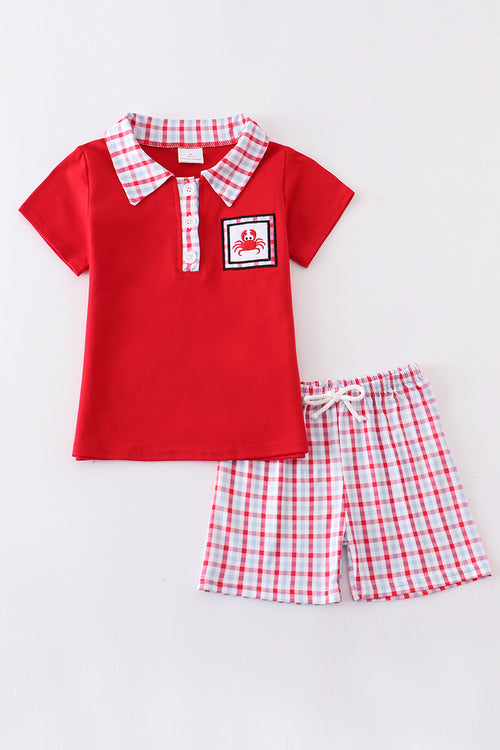 Red crab embroidery plaid boy set